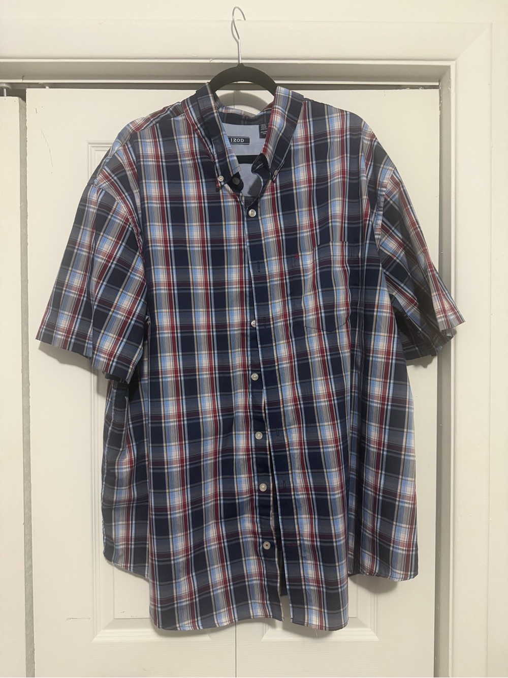 Izod Navy, Light Blue and Red Plaid Short-Sleeve Button-Down Shirt
